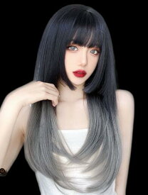 ウィッグ 姫カット 地雷系 フルウィッグ ロング ストレート 自然 かつら 女性 レディース 病みかわ 量産型 コスプレ リアル質感 小顔見せ 耐熱ファイバー 原宿系 ゆめかわ イベント 普段使い ぱっつん 前髪 ダークグレー グラデーション