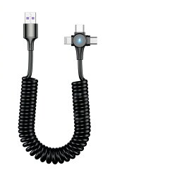 USBケーブル 3in1 急速充電 Type-C・ライトニング・microUSB対応 iPhone・Android他対応 絡まないコイル式 伸縮自在 高耐久 断線防止 旅行 出張 車内 複数端末同時充電 1本3役