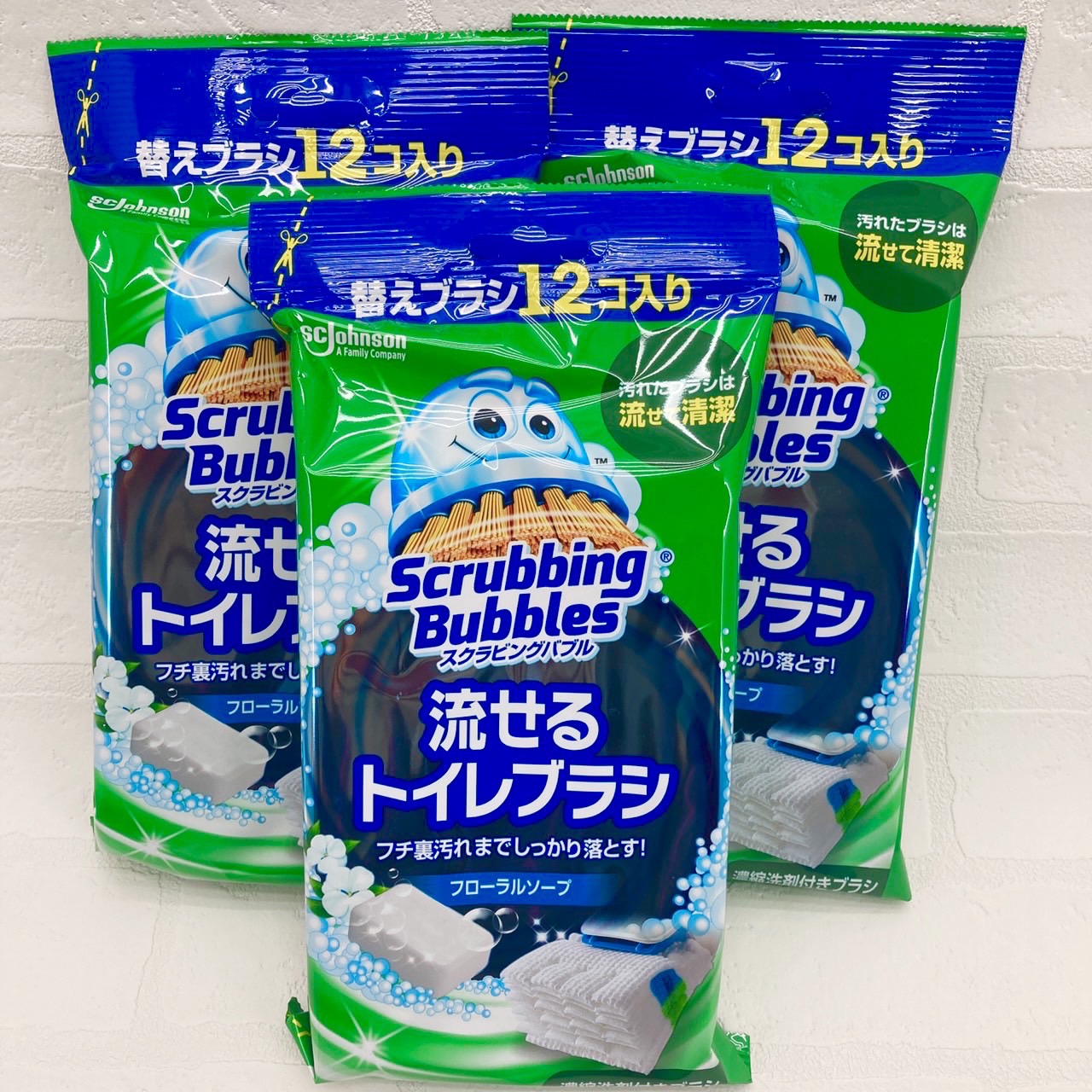 日本製】 スクラビングバブル 流せるトイレブラシ フローラルソープの香り 付け替え 使い捨て 12個入 3個セット