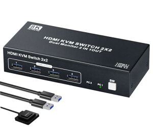 ELEVIEW KVMスイッチ HDMI 2PC モニター2台 デュアルモニター対応 8K60Hz/4K120Hz HDMI2.1 キーボード