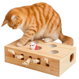 猫ひとり遊びおもちゃ 木製おもちゃ 押すとおやつが出てくる自動猫おもちゃ 丸い穴付き爪跡付き?片付き ぬいぐるみネズミ付き もぐらたたきゲーム対
