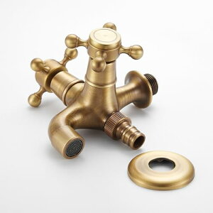 双口水栓 2口蛇口 アンティーク レトロ スタイル 真鍮製 2口 タイプ 洗濯機 浴室 ベランダ ガーデン 庭 屋外用水栓 ガーデニング エクス
