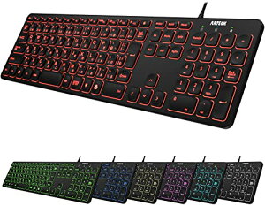 Arteck USB �L�� ���C���[ �L�[�{�[�h 7�F�o�b�N���C�g���� ���邳�ύX �t���T�C�Y 6�t�B�[�g�i��1.8���[�g���j�R�[�h �e���L�[�t