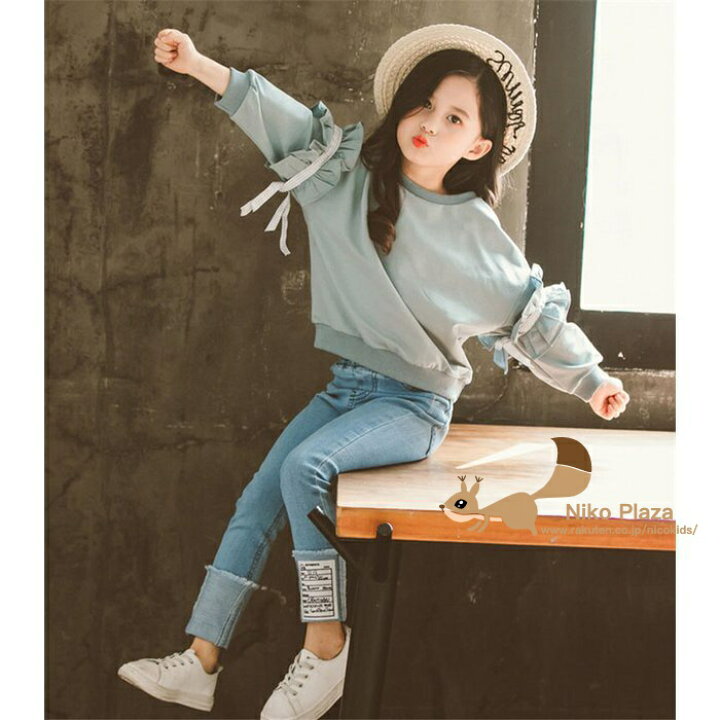 楽天市場 子供服 セットアップ 女の子 長袖 春秋 秋着 上下セット 韓国子供服 キッズ ジュニア Tシャツ デニムパンツ 長ズボン 可愛い おしゃれ 小学生 通学着 新品 Niko Plaza