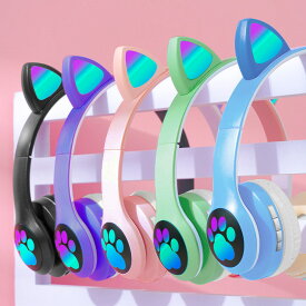 新しいモデルの猫耳型ヘッドバンド式ワイヤレスBluetoothイヤホン、折り畳み可能でSDカード対応可能、七色の発光あり