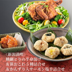 新潟満喫 横綱とりの半身揚げ＆笹おこわ5種＆かんずり入サーモン塩辛詰合せ 送料無料 笹おこわ 郷土料理 ご自宅用 おかず 惣菜 新潟の懐かしい味 父の日 おこわ 新潟名産 かんずり 塩辛 塩から