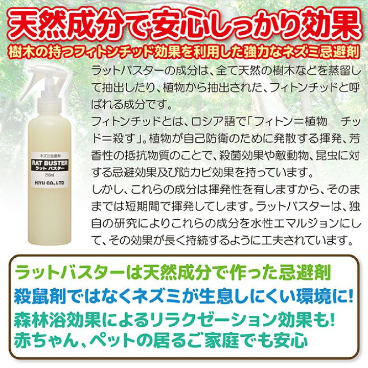 楽天市場 クーポン配布中 ねずみ忌避剤 ラットバスター 250ml 3本組 天然成分 子ども ペットも安心 Rat Buster 自然由来 ネズミ除け 殺鼠剤 害虫駆除 鼠対策 ねずみよけ スプレー 自宅 ネズミ駆除 ねずみ退治 ネズミ駆除 納屋 倉庫 木造 家 屋根裏 日本ネット通販