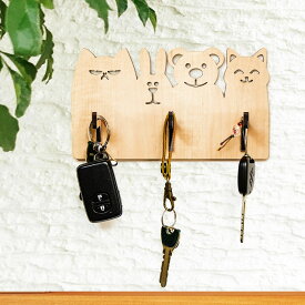 ★ P3倍 マラソン限定 ★ キーハンガー 木製 アニマル クマネコ猫ウサギ犬 キーフックハンガー アクセサリーハンガー 3本フック メープル 国産MDF おしゃれ 国産 北欧 woodハンガー 雑貨 まとめ買い 組み立て式 キーハンガー004