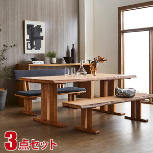 ★ P3倍 マラソン期間限定 ★ ダイニングテーブル ダイニングセット テーブルセット 黄王 3点セット(幅180テーブル+背付ベンチ+ベンチ) 幅180 ダイニングテーブルセット 一枚板風 無垢 天然木