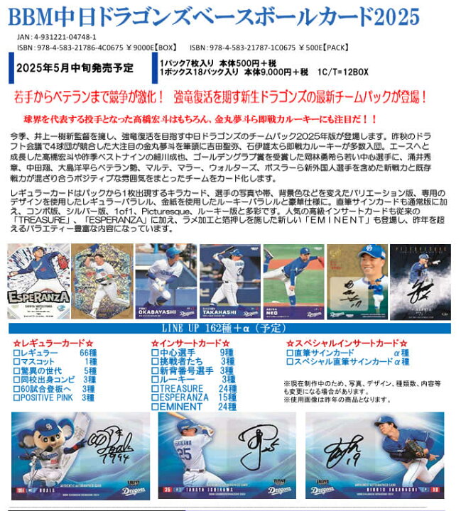 楽天市場】（予約）BBM 中日ドラゴンズ ベースボールカード 2025 BOX 