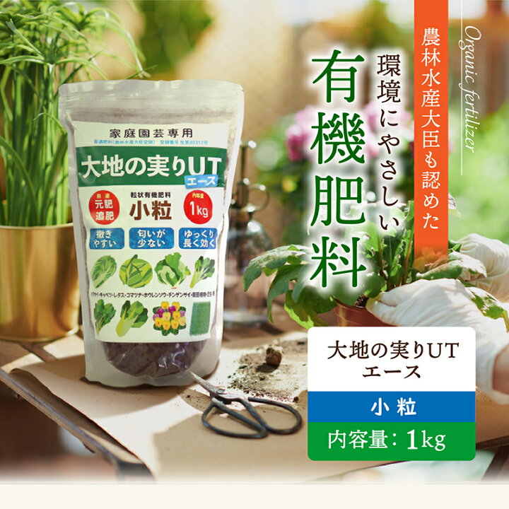 楽天市場 大地の実りutエース 小粒 1kg 有機肥料 元肥 追肥 石灰入り オーガニック 緩効性 土壌改良 肥料 堆肥 野菜 家庭菜園 造園 庭木 植木 果樹 観葉植物 窒素 リン酸 カリウム アルカリ性 おすすめ オーガニック肥料 送料無料 日コン
