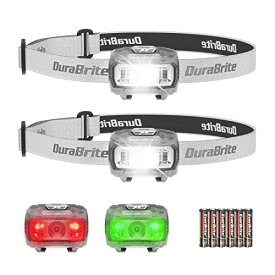 ヘッドライト 電池式 LEDヘッドランプ 2個セット 白＆赤＆緑ライト 5つ点灯モード 65°角度調整可能 超軽量 高輝度 単4形電池6本付き