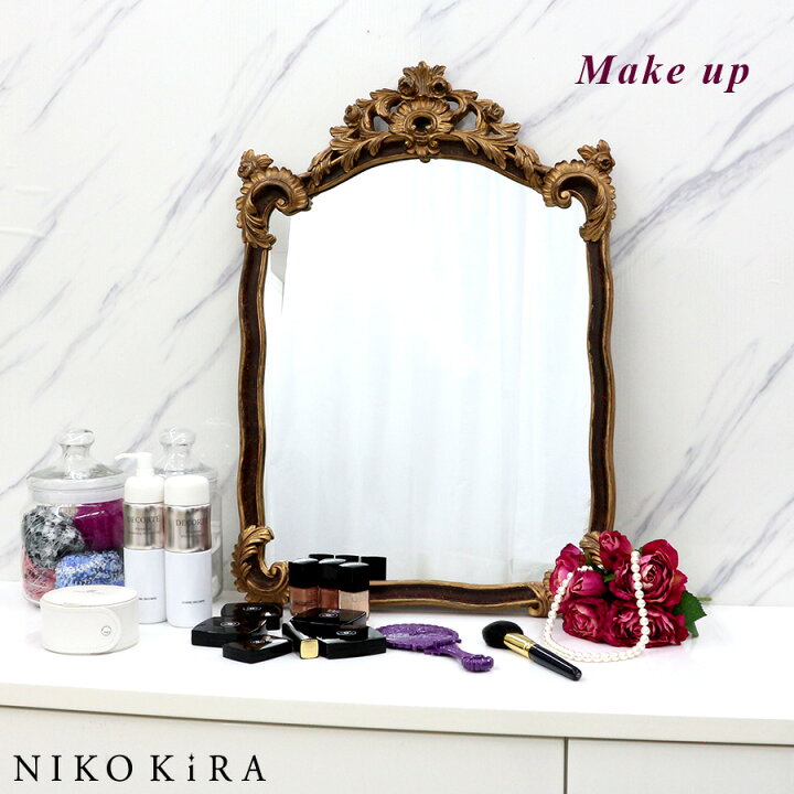 楽天市場 鏡 壁掛け おしゃれ 壁掛けミラー ウォールミラー アンティーク ミラー 45cm 65cm ロココ フレンチ 玄関 トイレ リビング フランス風 メイク鏡 メイクミラー かがみ 北欧風 洗面 トイレ エレガント ホワイト ゴールド ブラウン フォンテーヌ 鏡専門店 Niko Kira