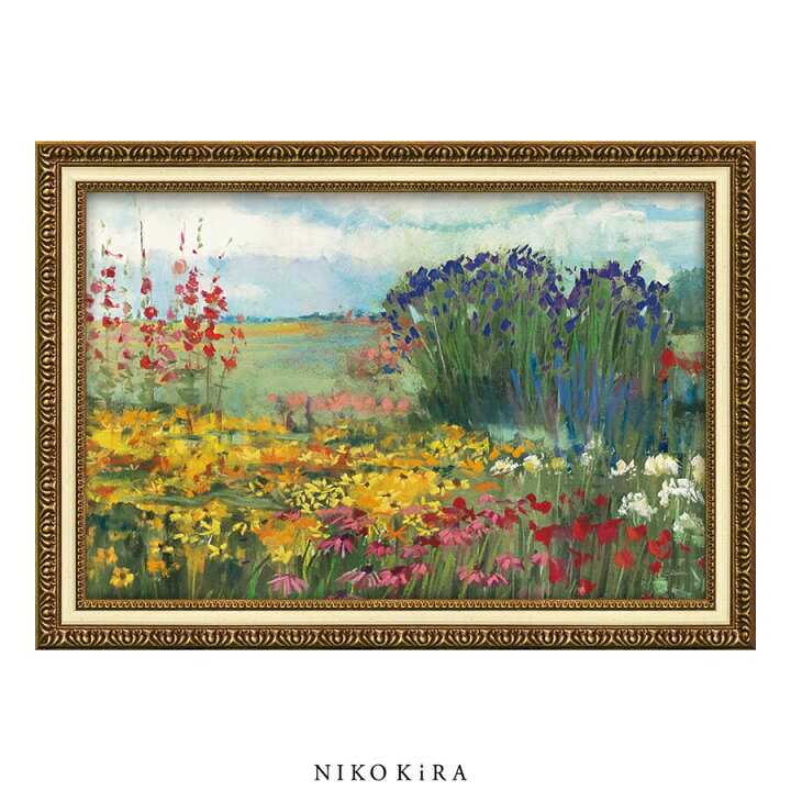 楽天市場 500円offクーポン おしゃれ 花 アート はな 花束 モダン 植物 絵画 開運 額入り 玄関 トイレ かわいい 絵 カラフル 油絵 おしゃれ キャロル ローワン ガーデン ボーダー 68cm 48cm アート パネル 鏡専門店 Niko Kira