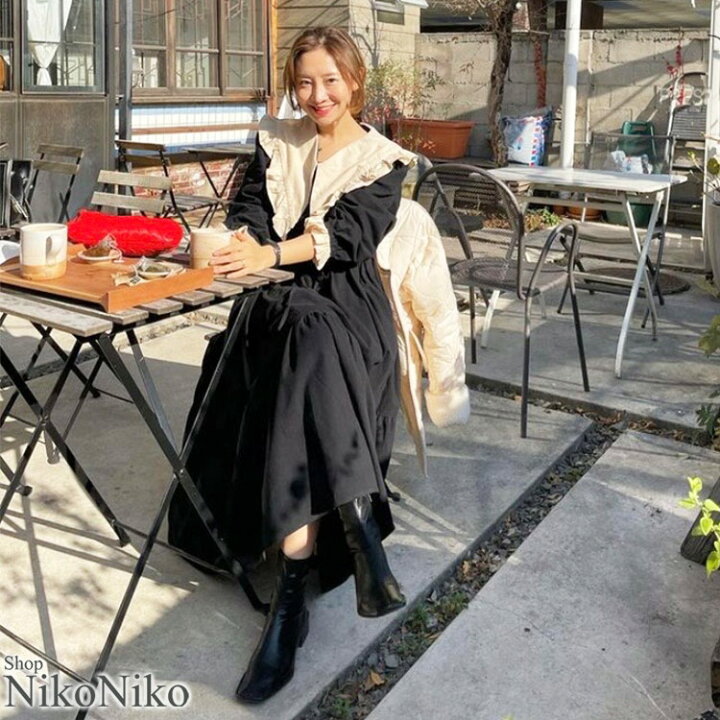 楽天市場 襟付き フリル ロングワンピース 即納 ワンピース ワンピ ロング ビックカラー 大きめ襟 フリル袖 長袖 バイカラー レース シャツ ブラック 黒 レディース 韓国 プチプラ 流行り トレンド 人気 おすすめ おしゃれ かわいい フレンチカジュアル 秋 春 冬