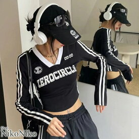 【全品送料無料！】ゲームシャツ ロンT 長袖 Tシャツ ma 【即納】 おしゃれ 韓国 ショート丈 袖ライン スポーツTシャツ ユニフォーム ジャージ ライントラック クロップド スリム タイト レディース Y2Kファッション 韓国ストリート 流行り トレンド かわいい