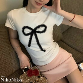リボンプリント ショート丈 チビTシャツ ma 【即納】 レディース 韓国 Y2Kファッション 韓国ストリート 流行り トレンド かわいい