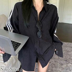 袖ライン オーバーサイズ ブラックシャツ ma 【即納】韓スト 韓国カジュアル ブロケットコア ブロークコア ブラウス 長袖 羽織り トリプルライン 無地 ベーシック レディース 韓国 Y2Kファッション 韓国ストリート 流行り トレンド かわいい