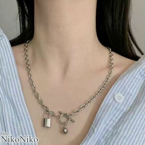 南京錠モチーフ シルバー マンテルネックレス ma 【即納】アクセサリー アクセ ジュエリー シルバーネックレス かぎ 鍵 シルバーチェーン プレゼント ギフト ユニセックス レディース 韓国 Y