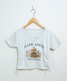 猫プリント サイドシャーリング ショート丈チビTシャツ ma 【即納】韓国カジュアル トップス クロップド ロゴT アニマルプリント くしゅくしゅ サイドギャザー ボタン レディース 韓国 Y2Kファッション 韓国ストリート 流行り トレンド かわいい