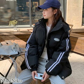 袖ライン ワンポイントロゴ 中綿ブルゾン【即納】アウター ジャケット 羽織り 長袖 中綿ジャケットフェイクダウン ダブルライン 2本線 ボリューム 体型カバー 暖かい 厚手 レディース 韓国 Y2Kファッション 韓国ストリート 流行り トレンド かわいい