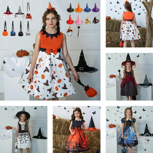 子供ハロウィンワンピース ハロウィン元素プリント 子供ドレス ワンピース+カバン+帽子3点セットアップ Halloweenコスプレ衣装 カボチャ カラス 魔女巫女コスプレ ワンピース 女の子 パーティ