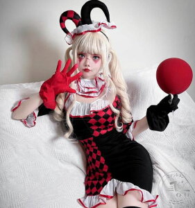 ピエロハロウィン コスプレ衣装 チェック柄ワンピース レディースピエロ仮装変装 4点セットアップ 魔女 吸血鬼 コスプレ衣装 バー演出服 Halloween ヴァンパイア おばけ 演出服 パーティーグ