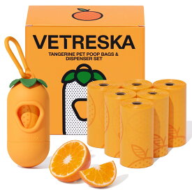 VETRESKA ペット用ウンチ処理袋 うんちが臭わない袋 オレンジの香り 袋ケース付き 7ロール105枚 生分解性 極厚ゴミ袋 漏れ防止 犬うんち袋 防臭袋 猫 トイレ マナー袋 ゴミ袋 車内用 犬用 猫砂用 香り付き べトレスカ（Tangerine 1Case＆7 Roll)