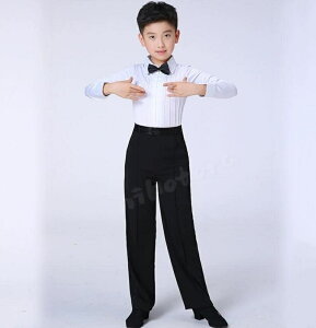 男の子 子供 ラテンダンス衣装 上下セット リボン/ネクタイ+ 長袖シャツ +ロング丈パンツ シンプル おしゃれ フォーマル 社交ダンス 衣装 ダンス服 ジャッズダンスウェア ワルツ チャチャチ