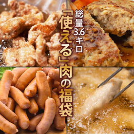 普段使い メガ盛り 肉福袋 肉4種 計3.6kg 若鶏のもも肉竜田揚げ1kg 焼成済みこんがりハンバーグ120g×5枚 国産オールポークウインナー1kg とり天1kg セット 冷凍 食品 肉 焼肉 bbq バーベキュー お肉
