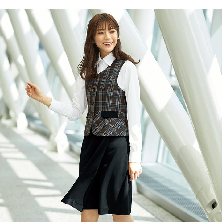 楽天市場 事務服 ベスト レディース 制服 仕事服 オフィス ビジネス 医療 医療事務 美容 会社 受付 大きいサイズ 5号 7号 9号 11号 13号 15号 ツイード おしゃれ かわいい 上品 バスガイド コンパニオン ショールーム ユニフォーム チェック ブラウン Enjoie アンジョア