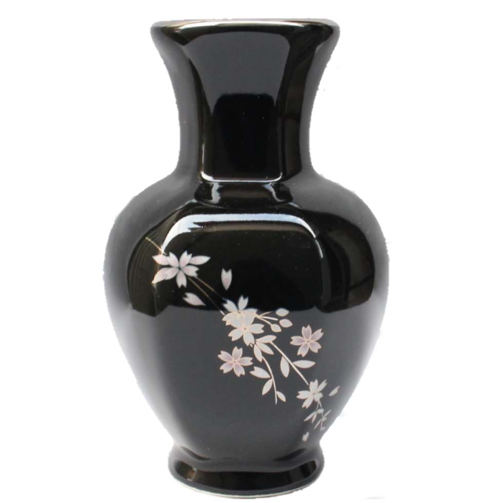 花瓶5号 正式的 女の子向けプレゼント集結 銀襴桜 陶器製 日本製 小さめ 桜 花瓶 黒 花立 5号
