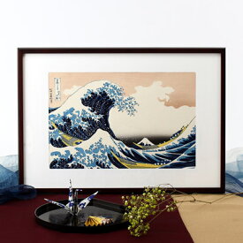 送料無料 職人の手により手摺りしました 葛飾北斎 木版画「神奈川沖浪裏」額装品