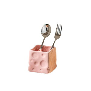 箸立てとフォークスプーンセット チーズ柄 ペンスタンド ペンホルダー 化粧筆入れとしても使えます セラミック 陶器 カトラリー