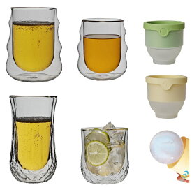 二層耐熱ガラス ロックグラス ウイスキー 焼酎 お湯割りグラス＋ 丸氷 製氷容器2個ずつセット ダブルウォールグラス 2層構造 耐熱 保温 保冷 食洗機対応 ダブルグラス 二重構造