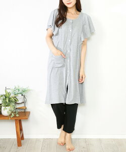 \ネコポス送料無料/ マタニティ パジャマ 前開き 半袖 春夏 授乳口付き 春 夏 フレア袖 ロング丈 可愛い 天竺ニット ウエスト切り替え 入院 産前 産後 無地 Room suppli ルームサプリ M L LL 大