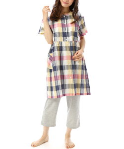 マタニティ パジャマ 前開き 半袖 春夏 綿100% 授乳口付き 襟なし 夏 サッカー素材 速乾 ロング丈 授乳 チェック柄 ストライプ 産前 産後 入院 可愛い かわいい プレゼント M L LL 大きいサイ