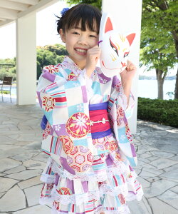 浴衣 子供 セパレート 女の子 浴衣ドレス 4点セット 100 110 120 フリル付き 帯2本 綿100% キッズ 甚平 幼児 保育園 幼稚園 ゆかた 市松 手毬 八重桜 紫陽花 アジサイ 向日葵 ひまわり 花火 縞 夏