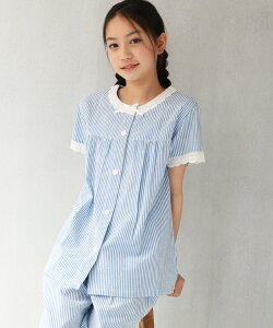 綿100% パジャマ キッズ ジュニア 女の子 半袖 前開き サッカー素材 夏 140 150 160 サイズ 子供 ジュニアサイズ ギンガム チェック ストライプ 小学生 中学生 キャラLOVE 72311 72415 72311all