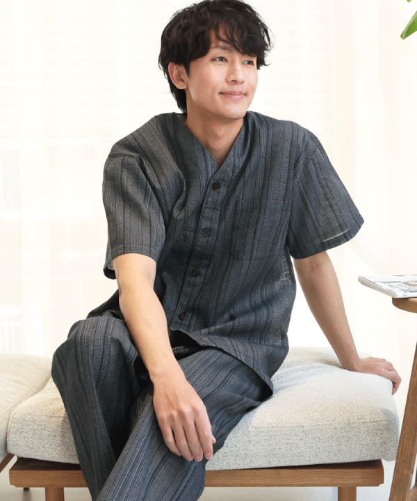 楽天市場】パジャマ メンズ 夏用 夏 半袖 綿100％ しじら織 前開き V