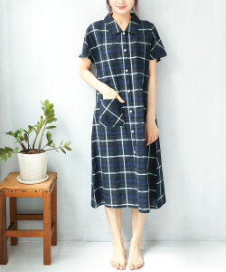 マタニティ パジャマ ワンピース 前開き 部屋着 半袖 綿100% かわいい ネグリジェ 授乳服 授乳口付き 夏 サッカー素材 ロング丈 フレンチスリーブ 入院 産前 産後 チェック柄 ストライプ プ