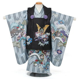 【週末限定クーポン配布中】【レンタル】 七五三 男の子 被布 9点セット 被布レンタル フルセット sbw3304 【往復送料無料】 三歳 男児 被布 100cm ブランド 【陽気な天使】 七五三着物 グレー 黒 矢絣 兜 古典 被布 3歳 ジュニア レンタル着物 七五三 753 前撮り