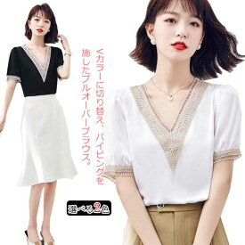【送料無料】ブラウス レディース Vネック 半袖 ノーカラー トップス カットソー 透かし編み メッシュ 切り替え パイピング フォーマル オフィス 通勤 シャツ シンプル 上品 おしゃれ 可愛い きれいめ エレガント