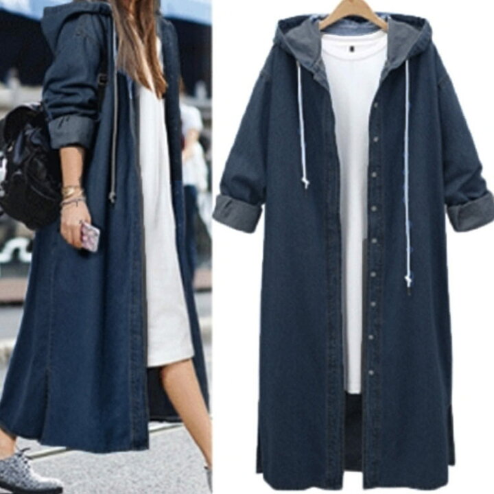 楽天市場 デニムコート デニムジャケット ロング丈 デニム ロングコート パーカー チェスターコート レディース フード付き デニムコート 送料無料 スプリングコート Gジャン アウター ジージャン ゆったり 羽織り Nishikiya