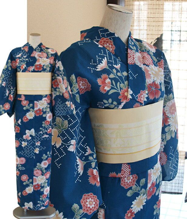 楽天市場】綿100％大人の綿絽浴衣菊、なでしこ、萩の花柄-青/紺色/瑠璃  