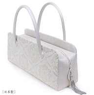 【送料無料】【日本製】利休バッグ- 和装バックお茶席バッグ・ボストンバッグ/横長タイプ-織り柄/白、ア…
