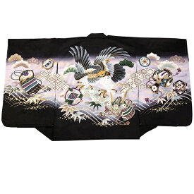 【212】日本製 正絹 高級 七五三男児四ツ身 羽織正絹仕立て 羽織黒、ボカシ、鷹、兜、リンズ・刺繍入り