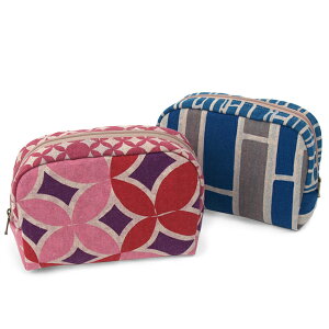 容量たっぷり コスメポーチ綿麻 やさしい風合い 上品な柄七宝柄、格子柄、赤、紫、青、灰色はんなりとアンテイークなきものを思わせる和小物【大正ロマン・レトロ・アンティーク風】【