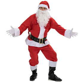 サンタ コスプレ メンズ サンタクロース 衣装 メンズ 男 男性 コスチューム 大人 サンタコス 7点セット ブーツ カバー付属 （帽子＋トップス＋ズボン＋ベルト＋足カバー＋手袋＋ヒゲ）サンタコスプレ 大人用 クリスマス プレゼント