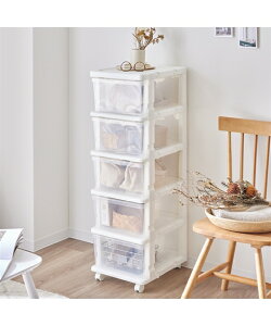 【店内全品対象★15%OFFクーポン★今すぐ使える→10/27 10:59まで】収納 タンス 日本製 5段スリム樹脂 チェスト 幅35cm ホワイト/クリア 幅35cm ニッセン nissen